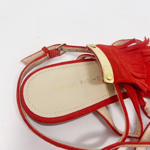 Marc Fisher 6 Red Suede Leather Charm Tiered Fringe Strappy Sandals Flat Ankle - Picture 5 of 10